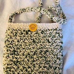 Dark Sage Green & Beige Crossbody Bag with Long Strap handmade crochet